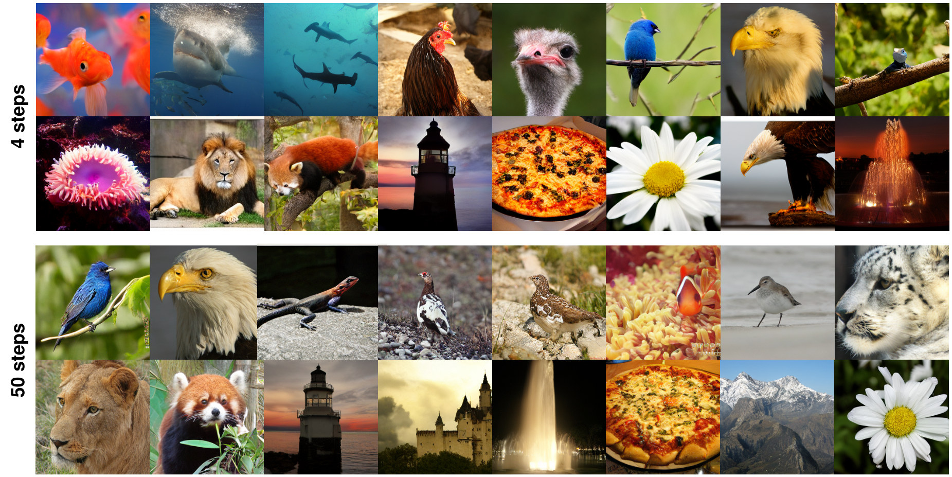 ImageNet-256 samples from one iDDM model at 4 steps and at 50 steps